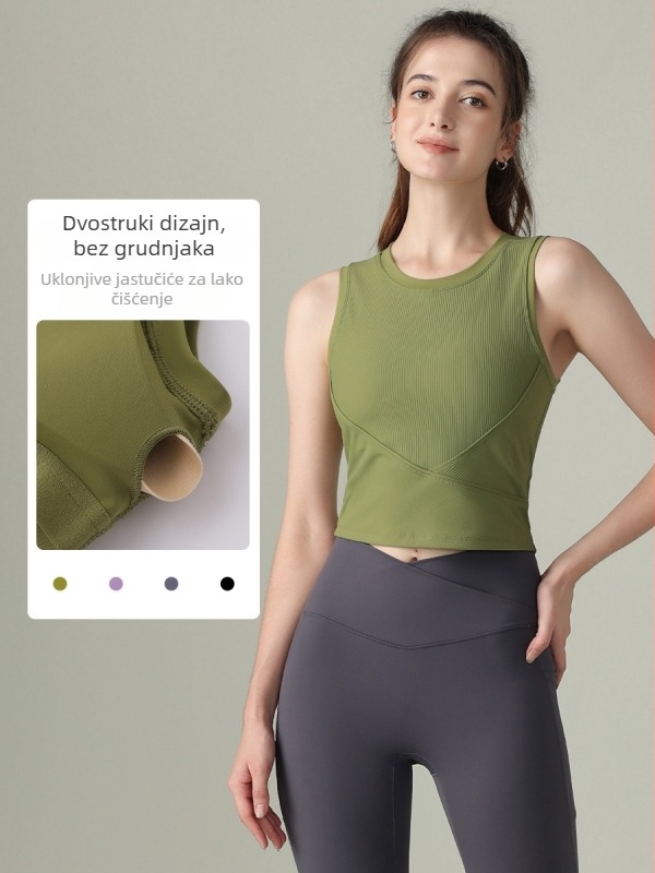 Ženski bezrukavni running top s rebrastom teksturom i jastučićem za prsa – prozračan materijal, najlon 75% / spandeks 25%, uski kroj, duljina do struka