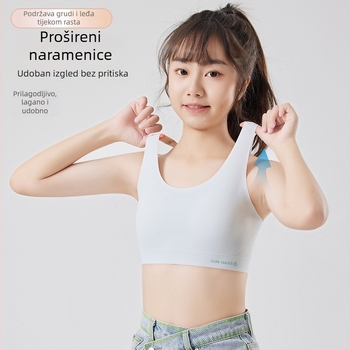 Dječji sportski top s fiksnim šalicama za pubertet — ice silk tkanina, glavni materijal: najlon, podstava od spandeksa, pune šalice, latex oblikovane čašice