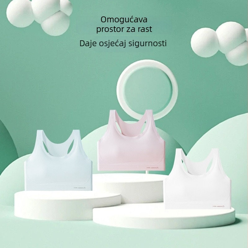 Dječji sportski top s fiksnim šalicama za pubertet — ice silk tkanina, glavni materijal: najlon, podstava od spandeksa, pune šalice, latex oblikovane čašice