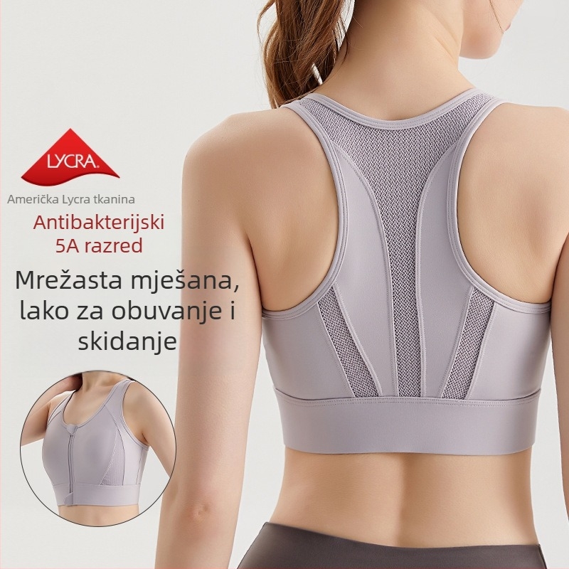 Ženski sportski grudnjak s prednjim zatvaranjem na zip, mrežasti stražnji dio, 3/4 košarica, srednje oblikovana košarica, fiksirane dvostruke naramenice, najlon