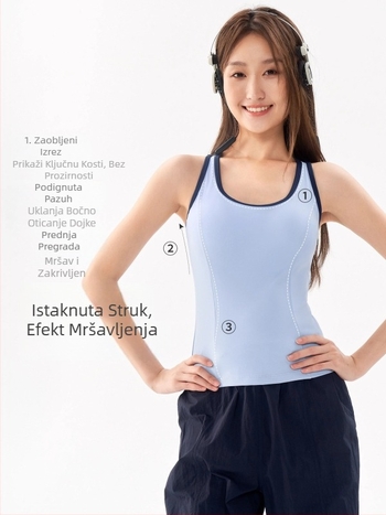 Ženski sportski top bez rukava s umetkom za prsa, brzo se suši nylon; glavni materijal 75% najlon, podstava 25% spandex; puni košarica, srednjeg kroja; pogodan za trčanje, fitness i ples