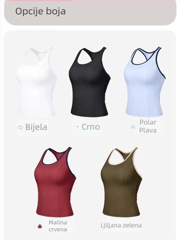 Ženski sportski top bez rukava s umetkom za prsa, brzo se suši nylon; glavni materijal 75% najlon, podstava 25% spandex; puni košarica, srednjeg kroja; pogodan za trčanje, fitness i ples