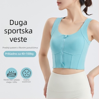 Ženski sportski top s prednjim zatvaračem, najlon 80% / elastin 20%, košarica 3/4 sa srednjom oblikovanom košarom, sjajan jednodjelni dizajn, fiksirane dvostruke naramenice
