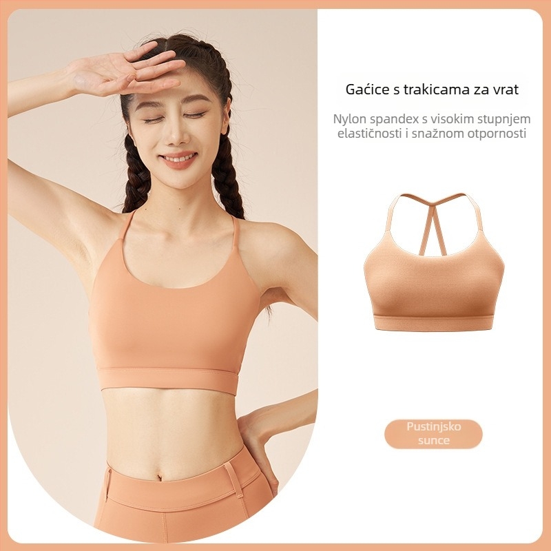 Sportski grudnjak za jogu i fitness s fiksnim halter vratom, jedinstven dizajn, 3/4 kupa, glavni materijal 78% najlon, podstava 22% spandex