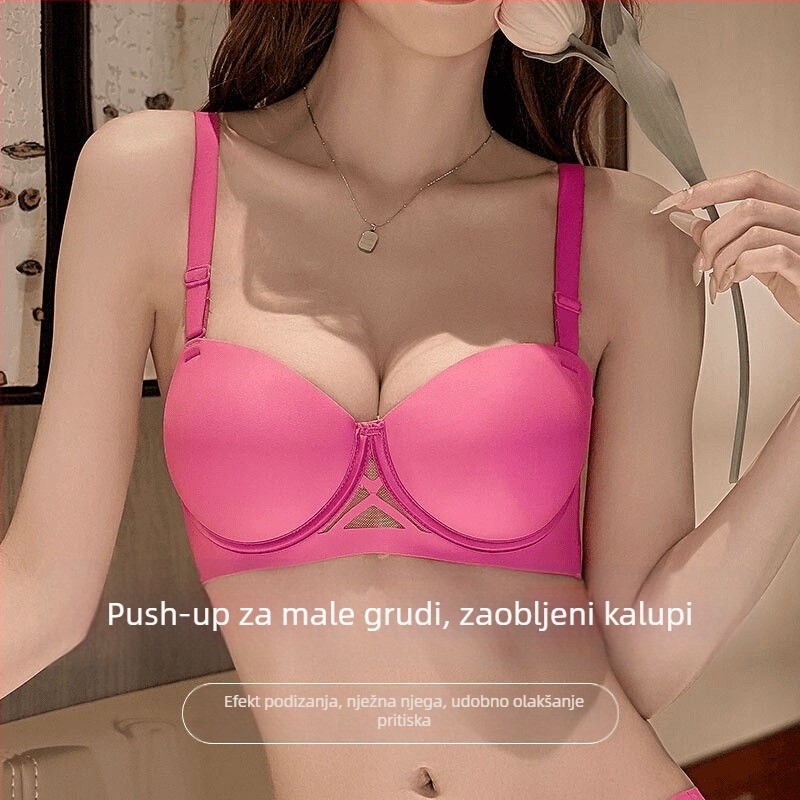 Bežični grudnjak za male grudi, bočna potpora, podesive dvostruke naramenice, bezšivne dizajn; Materijal: najlon; podstava od spandeksa 30–50%; košarica 3/4; latex oblikovane košarice; stražnje kopčanje s tri reda kopči