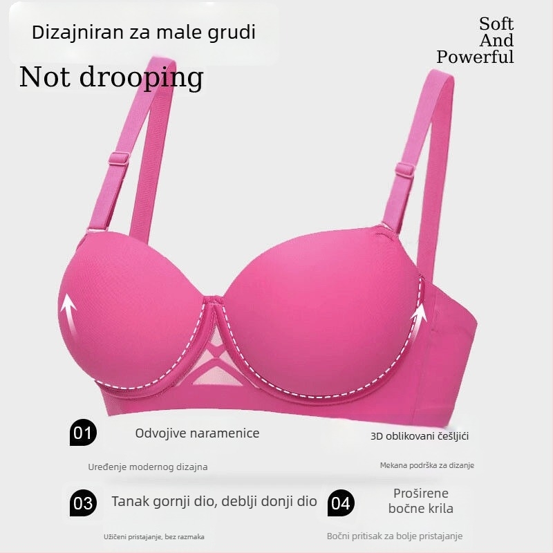 Bežični grudnjak za male grudi, bočna potpora, podesive dvostruke naramenice, bezšivne dizajn; Materijal: najlon; podstava od spandeksa 30–50%; košarica 3/4; latex oblikovane košarice; stražnje kopčanje s tri reda kopči