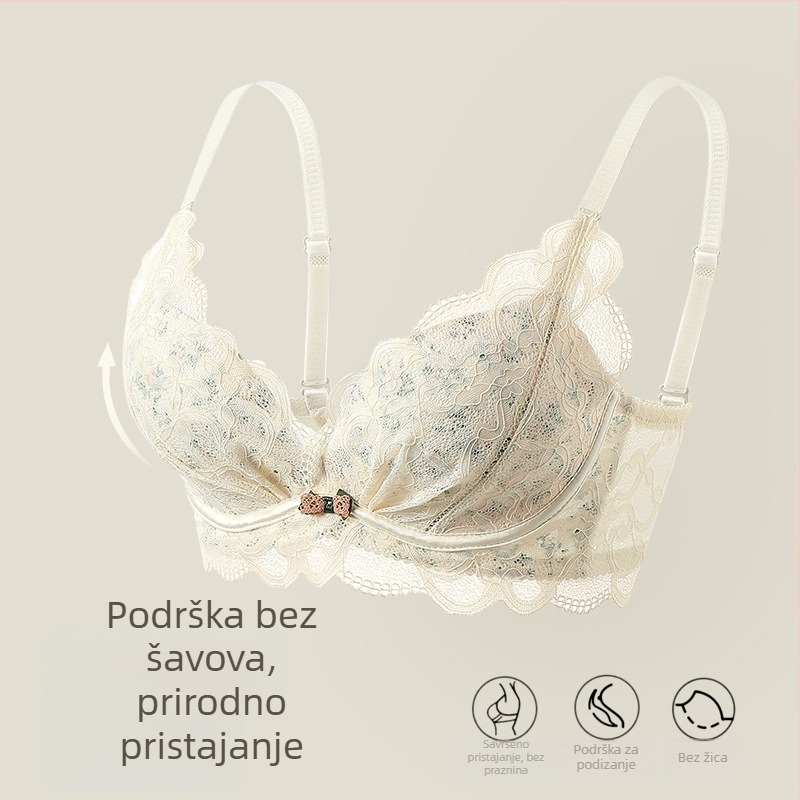 Bezšivni grudnjak s čipkom, francuskog stila, bez žice; materijal: najlon s podstavom od spandexa; košarice: gornji dio tanak, donji debeo; fiksni naramenice; stražnje kopčanje s četiri reda kopči