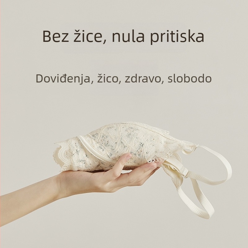 Bezšivni grudnjak s čipkom, francuskog stila, bez žice; materijal: najlon s podstavom od spandexa; košarice: gornji dio tanak, donji debeo; fiksni naramenice; stražnje kopčanje s četiri reda kopči