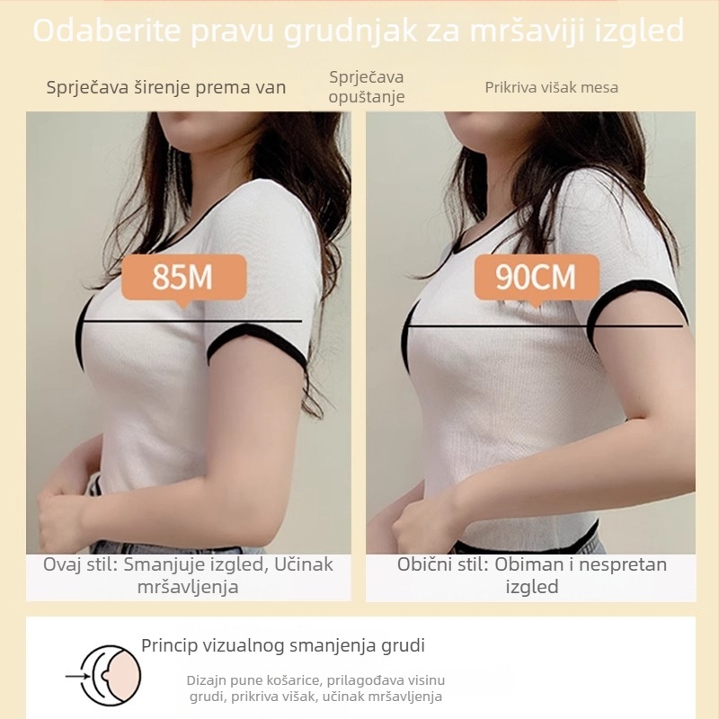 Bežični čipkasti grudnjak s punim košaricama, prozračan, push-up efekt, za veće grudi, bočno skuplja dojke, vizualno smanjuje volumen velikog poprsja