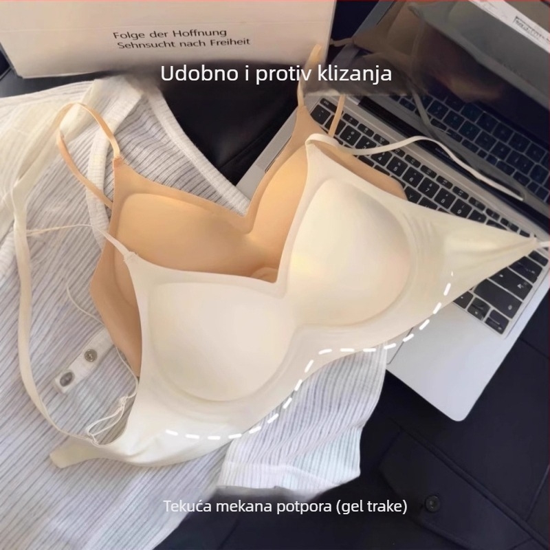 Bešavni najlonski push-up grudnjak s prozračnom udobnošću, skupljanje potpore, fiksne dvostruke naramenice, cupa s tankim gornjim dijelom i debljim donjim dijelom, stražnje zatvaranje s tri reda kukica