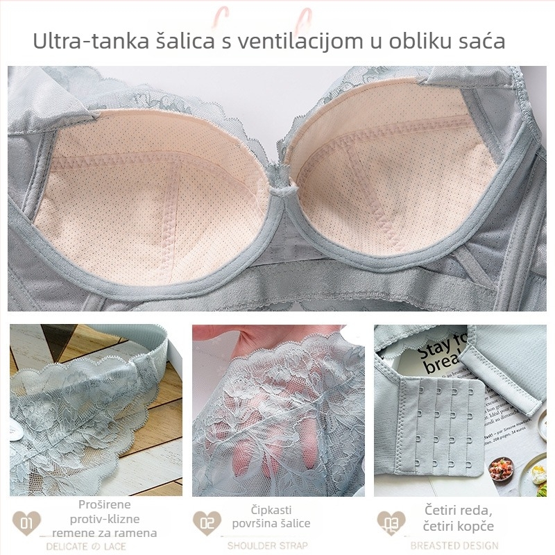 Bez čeličnog prstena grudnjak za velike veličine, ultra tanke oblikovane košarice, čipka, potpuno pokriven, prozračan, stražnje četiri reda kopči, fiksne dvostruke naramenice