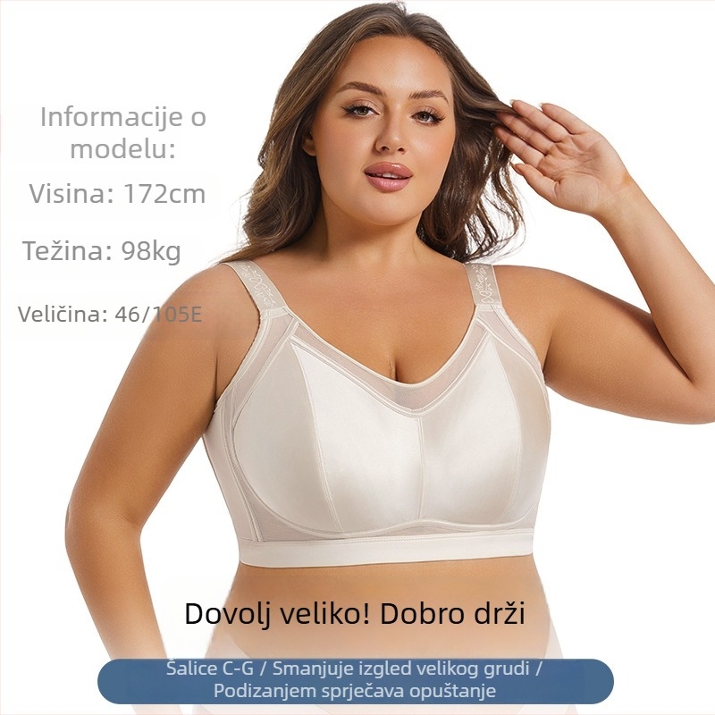 Grudnjak s punim košaricama, bez žice, tanak i prozračan, bočna podrška, stražnje kopčanje s četiri reda kopči, fiksne dvostruke naramenice, košarice od pamuka