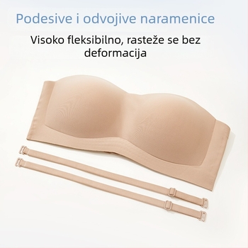 Nevidljiva bešavna grudnjica s protukliznim, bez leđa, od jednog dijela, odvojive dvostruke naramenice, pune košarice, tanke oblikovane košarice, najlon s podstavom spandex