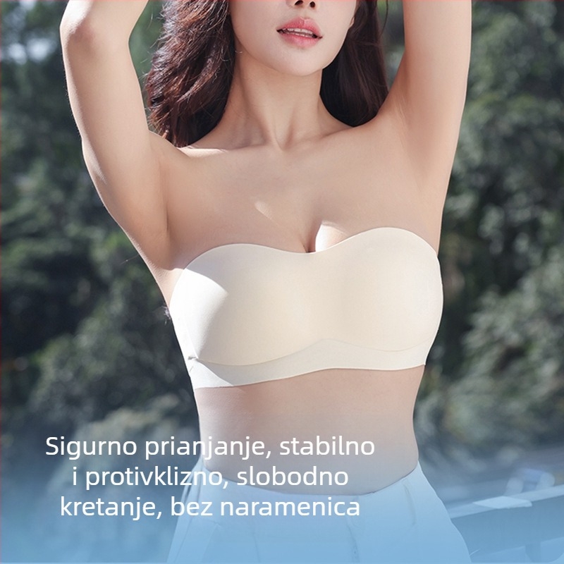 Nevidljiva bešavna grudnjica s protukliznim, bez leđa, od jednog dijela, odvojive dvostruke naramenice, pune košarice, tanke oblikovane košarice, najlon s podstavom spandex