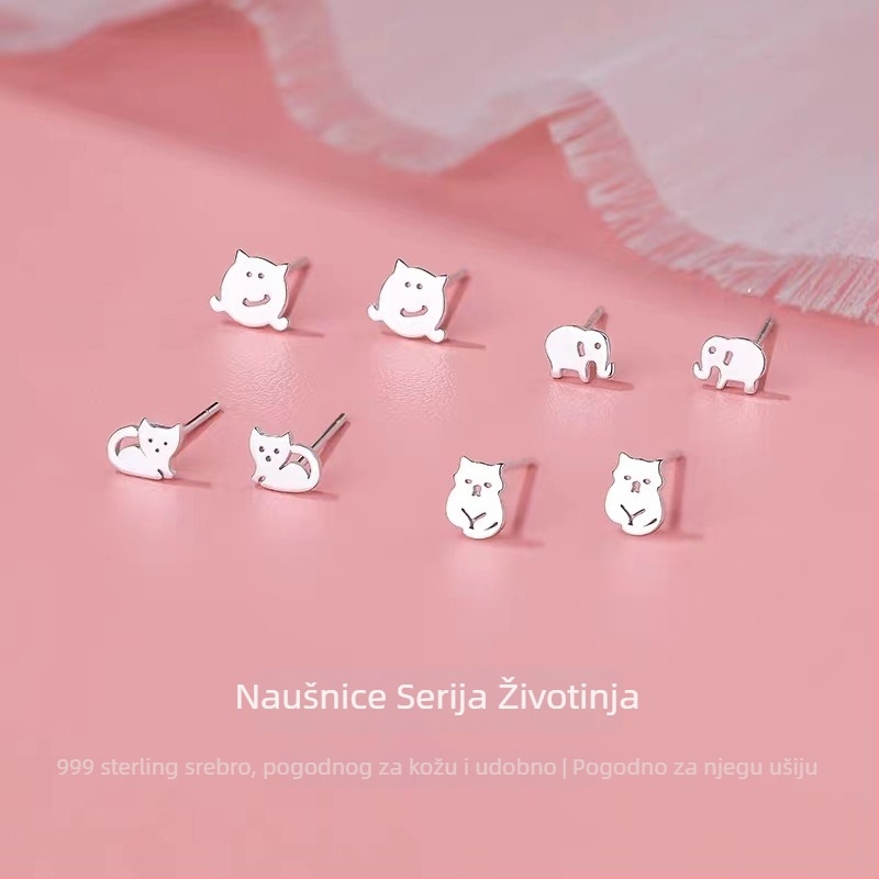 Weiyin Pavilion S999 čisto srebro Životinjska serija naušnice — luksuzni minimalistički motiv Mačka i čudovište, Seiko završna obrada, ušna igla od čistog srebra, za žene