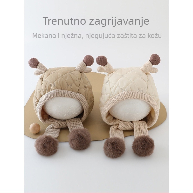 Dječja zimska kapa s integriranim šalom i zaštitom za uši s rogovima jelena – topla, otporna na vjetar, pamuk