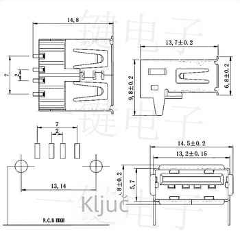 USB 2.0 Type-A SMT konektor, 90° kut, horizontalni i ravni pinovi