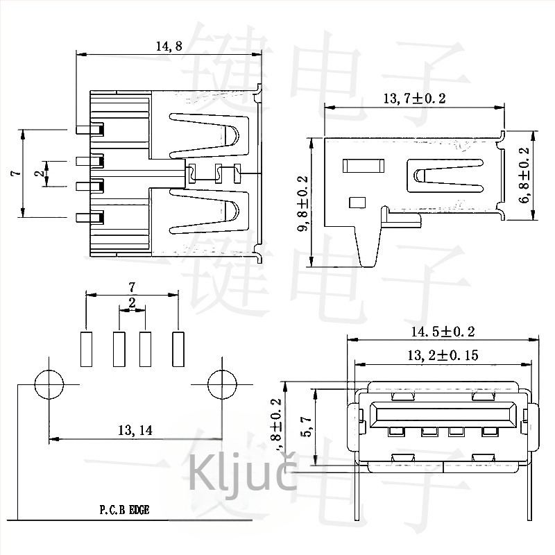 USB 2.0 Type-A SMT konektor, 90° kut, horizontalni i ravni pinovi