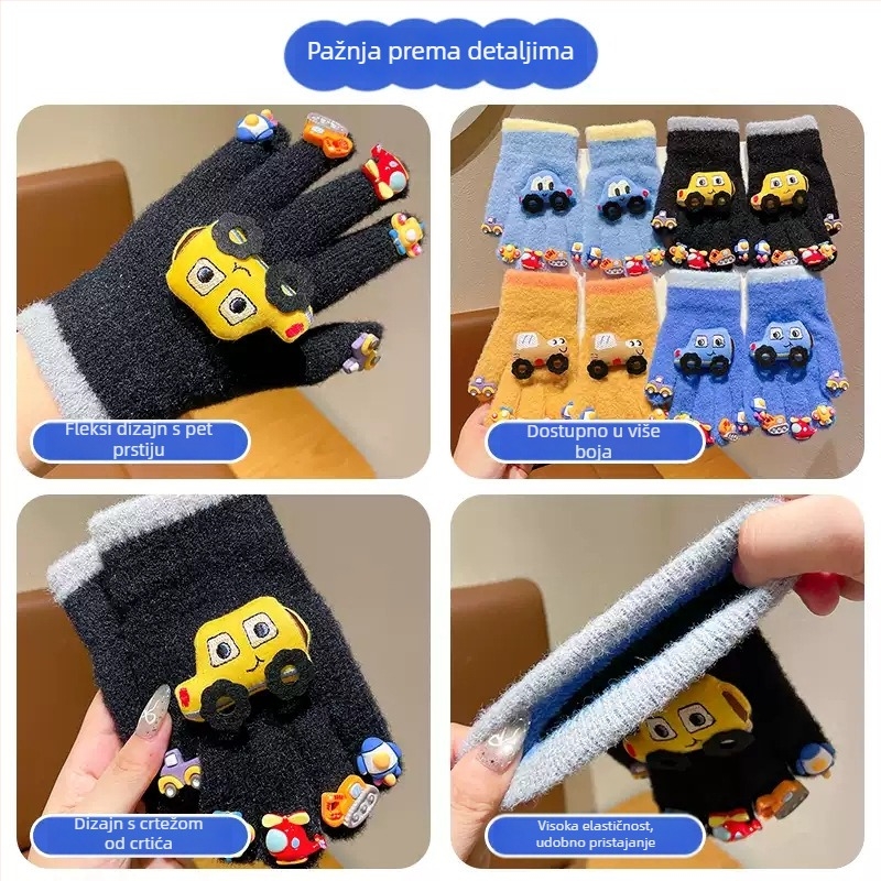 Dječje zimske rukavice — crtani uzorak, Jacquard pletene, unisex, pet prstiju, toplo za uzrast 3-10 godina