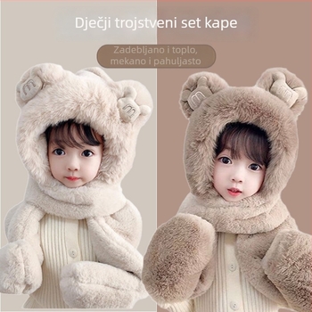 Dječji zimski komplet: kapa, šal i rukavice u jednom; pliš od umjetne zeca; unisex; uzrast 2–10 godina; kapa s kupolom i širokim rubom.
