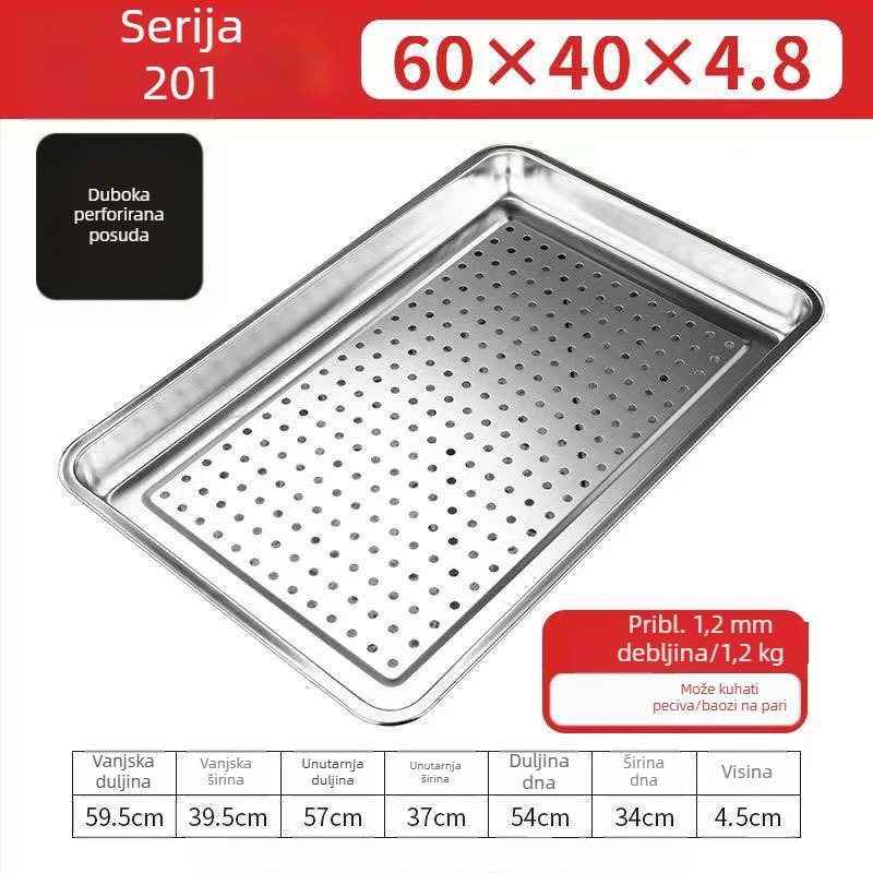 60×40 cm pravokutni parni tanjur od 304 nehrđajućeg čelika s otvorima za odvod, za parne ormariće i kolica