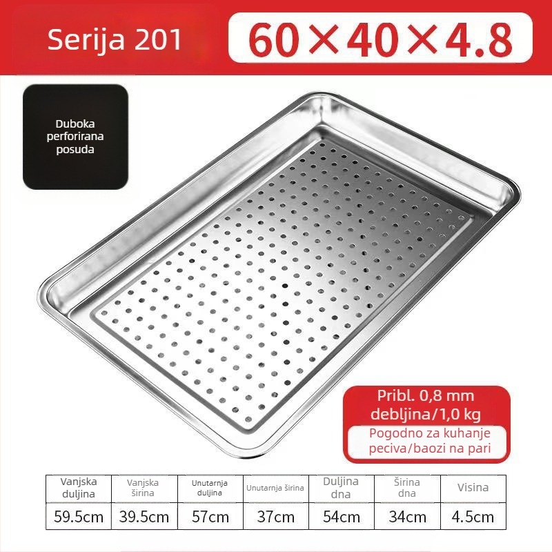 60×40 cm pravokutni parni tanjur od 304 nehrđajućeg čelika s otvorima za odvod, za parne ormariće i kolica