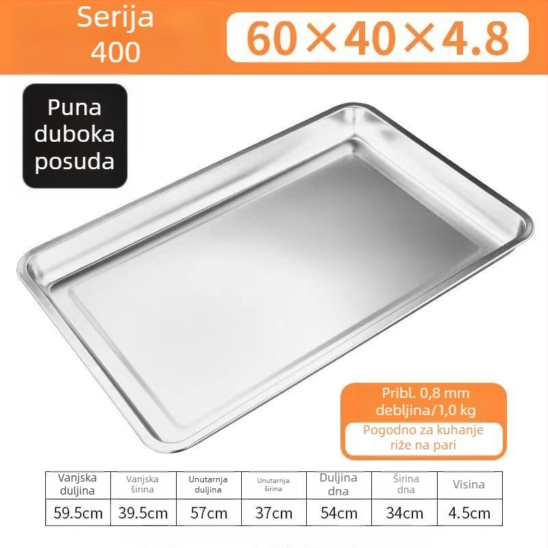 60×40 cm pravokutni parni tanjur od 304 nehrđajućeg čelika s otvorima za odvod, za parne ormariće i kolica