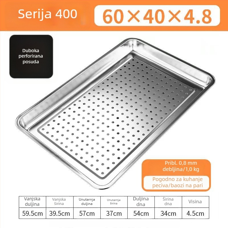 60×40 cm pravokutni parni tanjur od 304 nehrđajućeg čelika s otvorima za odvod, za parne ormariće i kolica