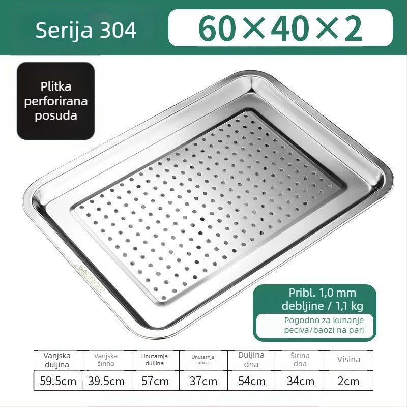 60×40 cm pravokutni parni tanjur od 304 nehrđajućeg čelika s otvorima za odvod, za parne ormariće i kolica