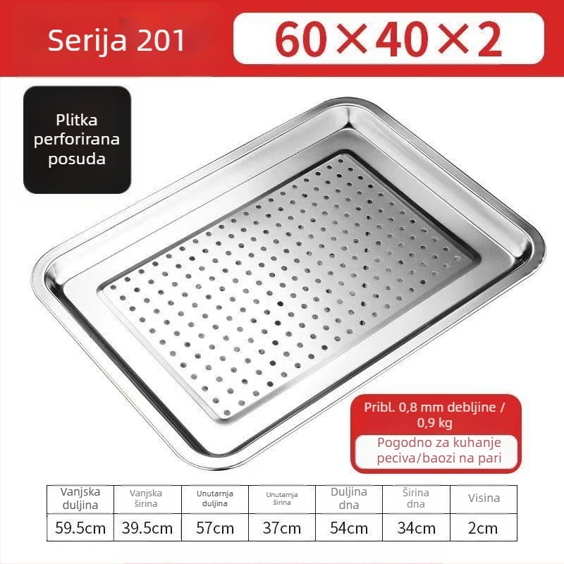 60×40 cm pravokutni parni tanjur od 304 nehrđajućeg čelika s otvorima za odvod, za parne ormariće i kolica
