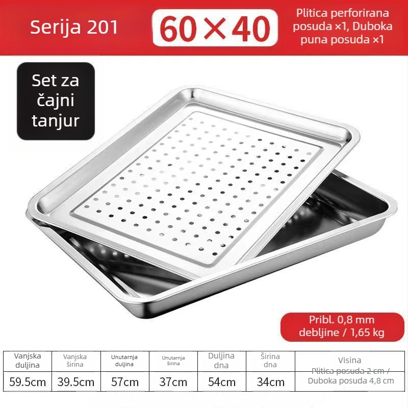 60×40 cm pravokutni parni tanjur od 304 nehrđajućeg čelika s otvorima za odvod, za parne ormariće i kolica