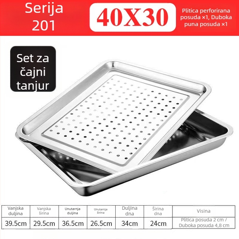 60×40 cm pravokutni parni tanjur od 304 nehrđajućeg čelika s otvorima za odvod, za parne ormariće i kolica