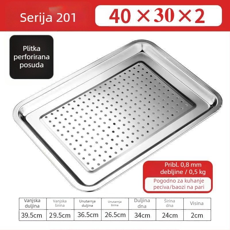 60×40 cm pravokutni parni tanjur od 304 nehrđajućeg čelika s otvorima za odvod, za parne ormariće i kolica