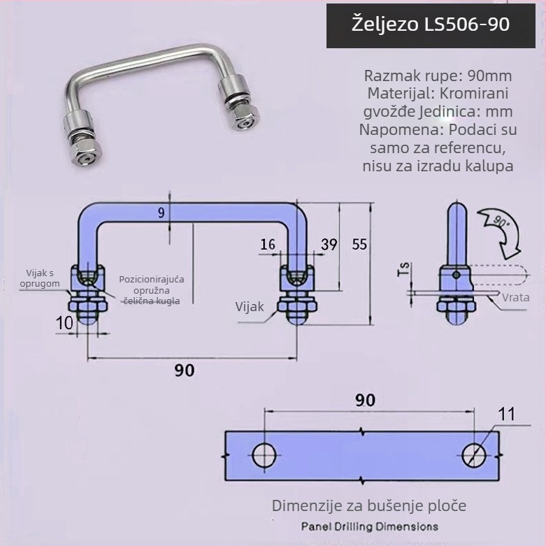 LS506 sklopna ručica ormarića, 304 nehrđajući čelik, kromirana završna obrada, površinska montaža