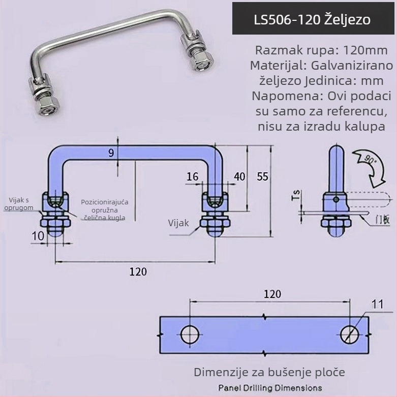 LS506 sklopna ručica ormarića, 304 nehrđajući čelik, kromirana završna obrada, površinska montaža