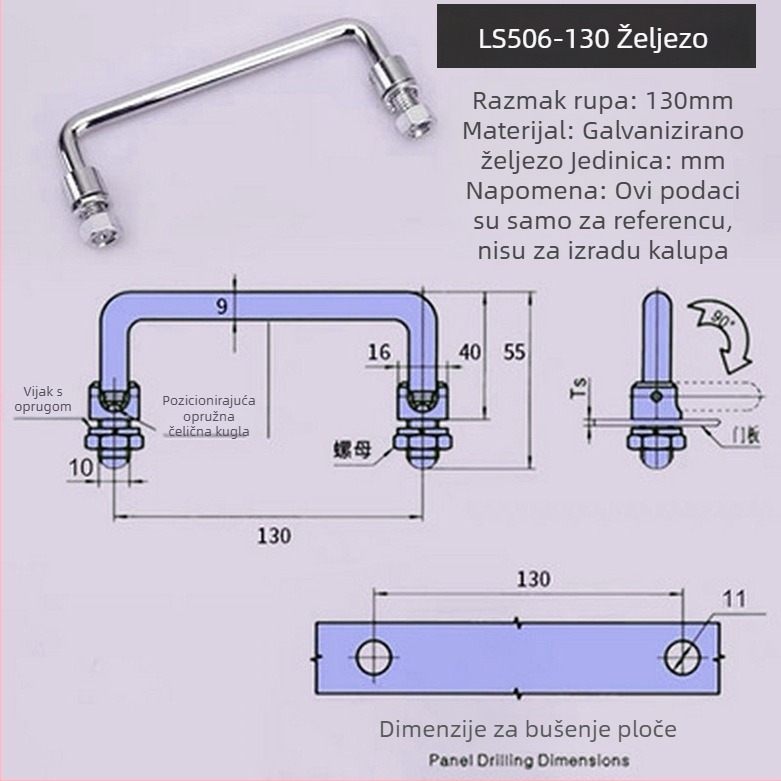 LS506 sklopna ručica ormarića, 304 nehrđajući čelik, kromirana završna obrada, površinska montaža