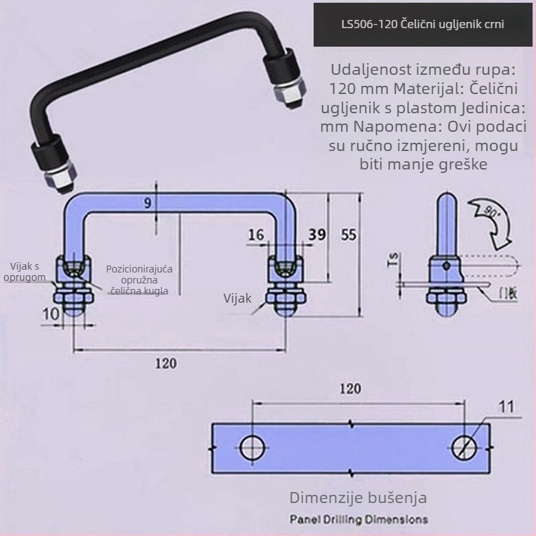 LS506 sklopna ručica ormarića, 304 nehrđajući čelik, kromirana završna obrada, površinska montaža