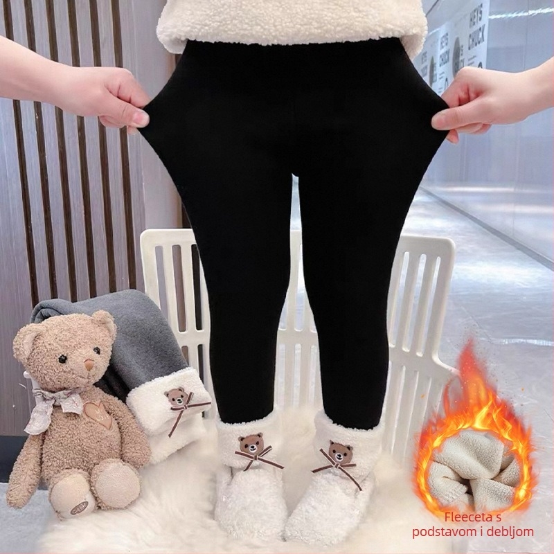 Dječje plišane legice s podstavom od pamuka 90%, srednji pojas, zimske za uzrast 1–3 godine, motiv medvjed