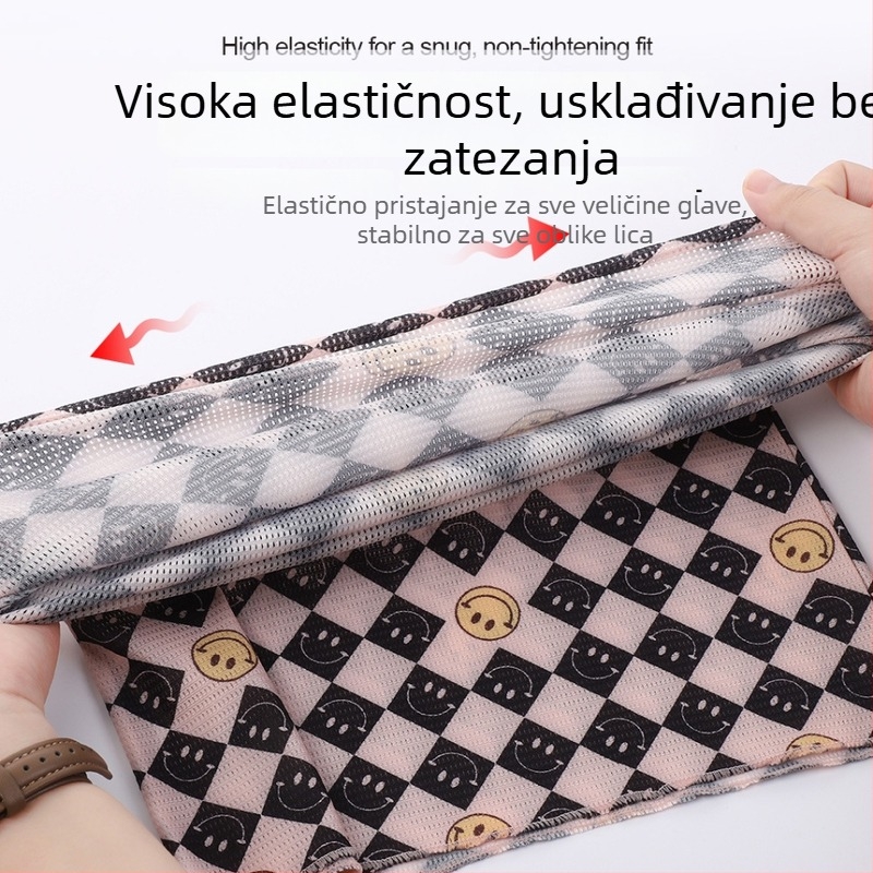 Maska za lice s UV zaštitom, Ice Silk materijal, karirani uzorak sa smiješnim licem, zaštita vrata za vožnju na otvorenom, poliester vlakno