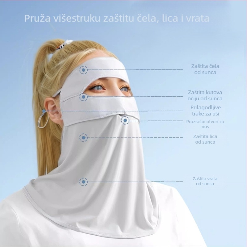 Maska za sunčevu zaštitu cijelog lica za žene — prozračna, UV zaštita, otporna na vjetar, jednodijelni dizajn, Ice Silk tkanina (poliester) s elastanom