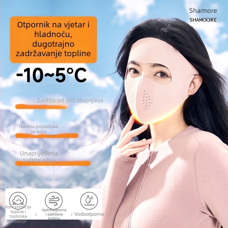 Ženska topla maska za cijelo lice – poliester vlakno, bezšivni dizajn, s kopčama za uši, zaštita od prašine, 360° pokrivenost, pogodna za zimu, proljeće i jesen