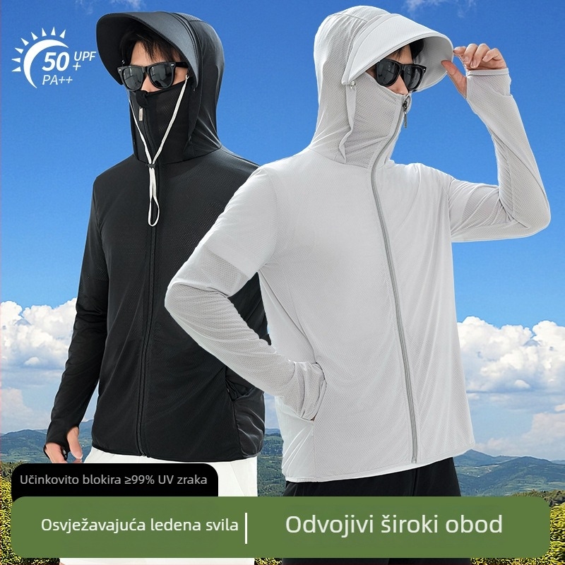 Muška jakna za UV zaštitu za vanjsku uporabu, Ice Silk, lagana ljetna jakna s uklonjivom kapom, zipom i bočnim džepovima