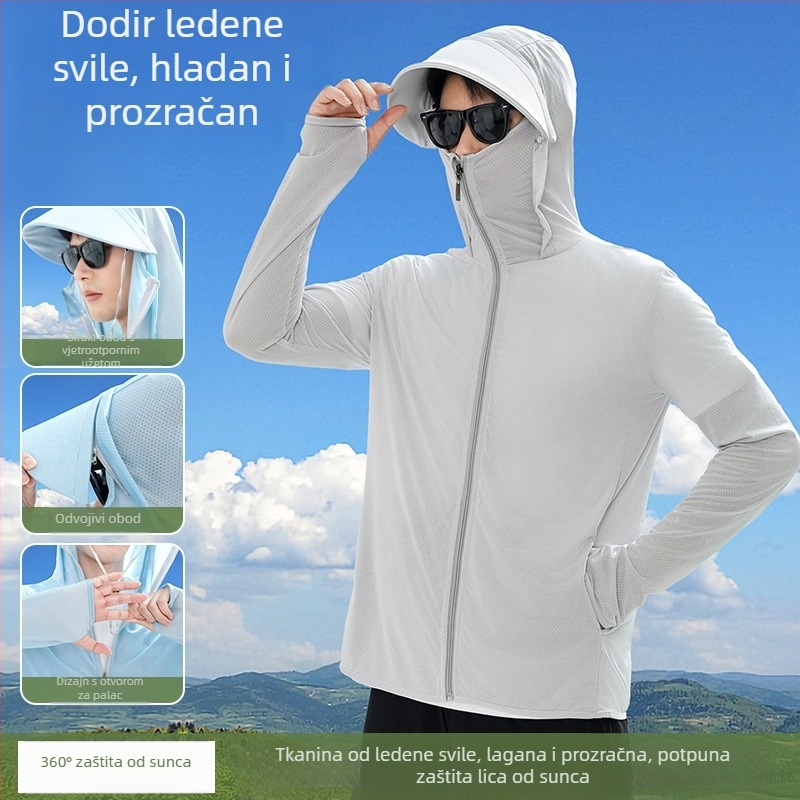 Muška jakna za UV zaštitu za vanjsku uporabu, Ice Silk, lagana ljetna jakna s uklonjivom kapom, zipom i bočnim džepovima