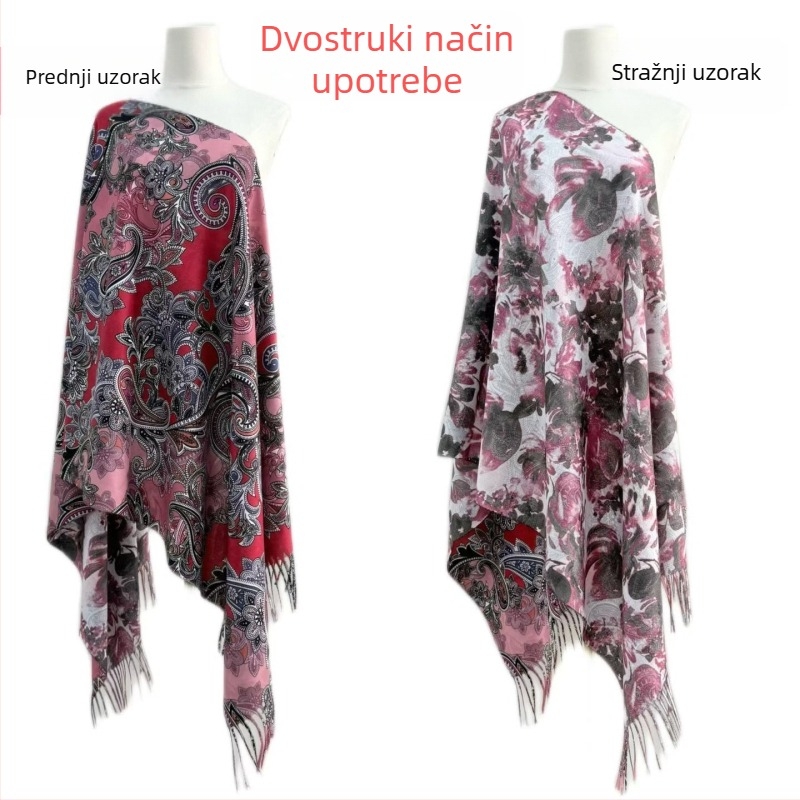 Ženski šal od imitacije kašmira, dvostrani cvjetni uzorak, warp-knit tkanje, jesenski stil