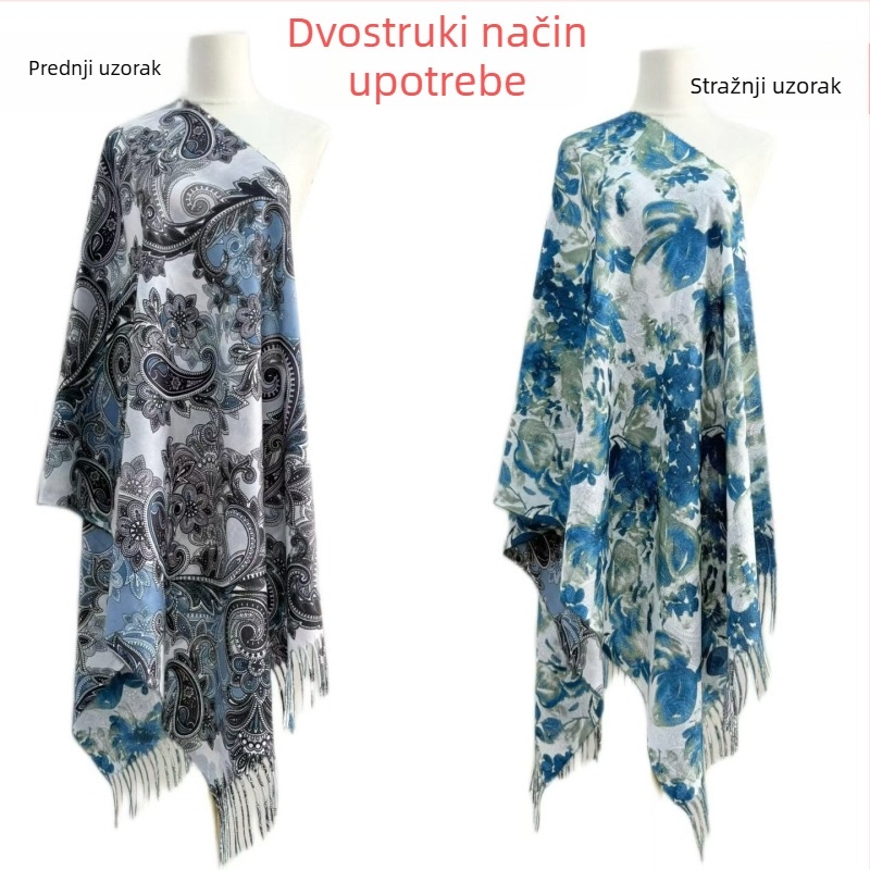 Ženski šal od imitacije kašmira, dvostrani cvjetni uzorak, warp-knit tkanje, jesenski stil
