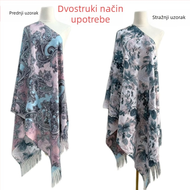 Ženski šal od imitacije kašmira, dvostrani cvjetni uzorak, warp-knit tkanje, jesenski stil
