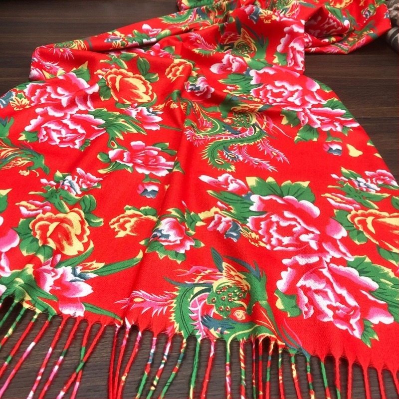 Šal/šal s motivom velikih sjeveroistočnih cvjetova, poliester vlakno, obična pletenina, tisak i tie-dye, etno-kineski stil