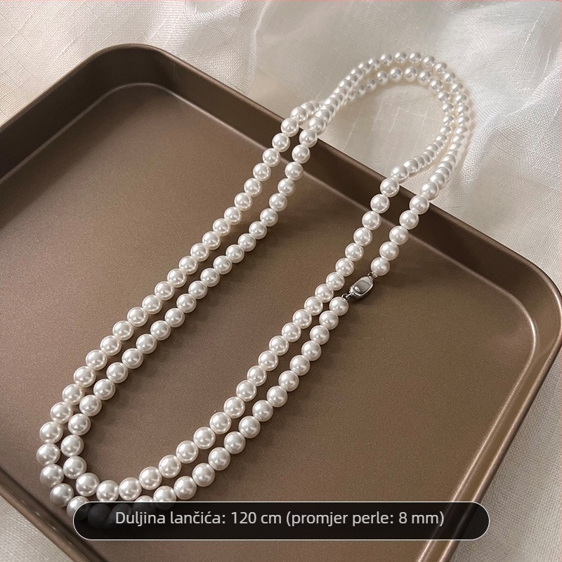 Ženska biserna ogrlica, ručna izrada, običan lanac, privjesak od legure, jednostavan, teksturiran stil blag luksuza
