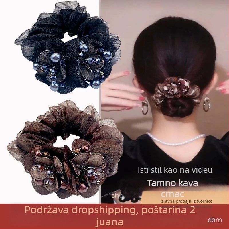 Elastična gumica za kosu s cvjetnim ukrasom, dvostruka mreža od organze, ručna izrada, retro stil, visoka elastičnost