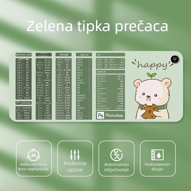 Velika grijana podloga za miš za stolno računalo s karikativnim dizajnom, podesiva temperatura, aluminijsko odvođenje topline, kožna površina